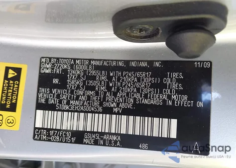 2010 Toyota Highlander Base V6 z USA, uszkodzony, nr VIN 5TDBK3EH2AS004536